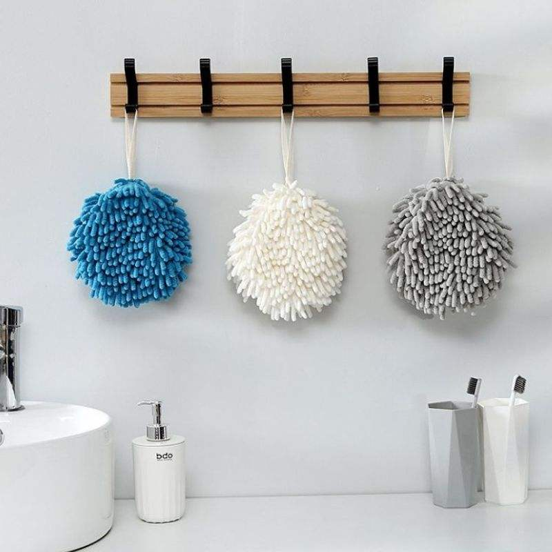 2 Pack Blue Hanging Hand Drying Ball, Chenille Towel with Sponge Core for Kitchen and Bathroom
