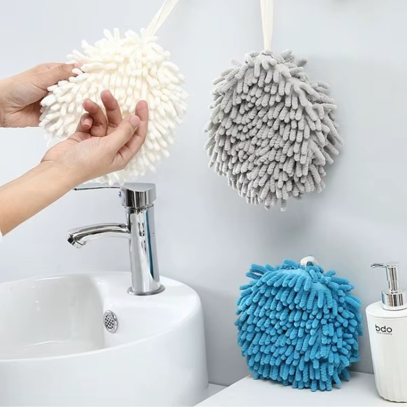 2 Pack Blue Hanging Hand Drying Ball, Chenille Towel with Sponge Core for Kitchen and Bathroom