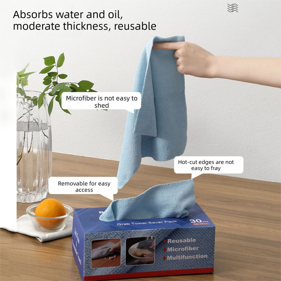 Pull-Out Microfiber Cleaning Cloths, 30 Pack 28 x 28 cm Disposable or Reusable Kitchen Towels, Blue