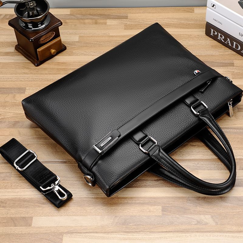 Black Men's PU Leather Briefcase - Waterproof Laptop Messenger Bag with Adjustable Strap - Large Capacity Business Office Bag for Work and Travel