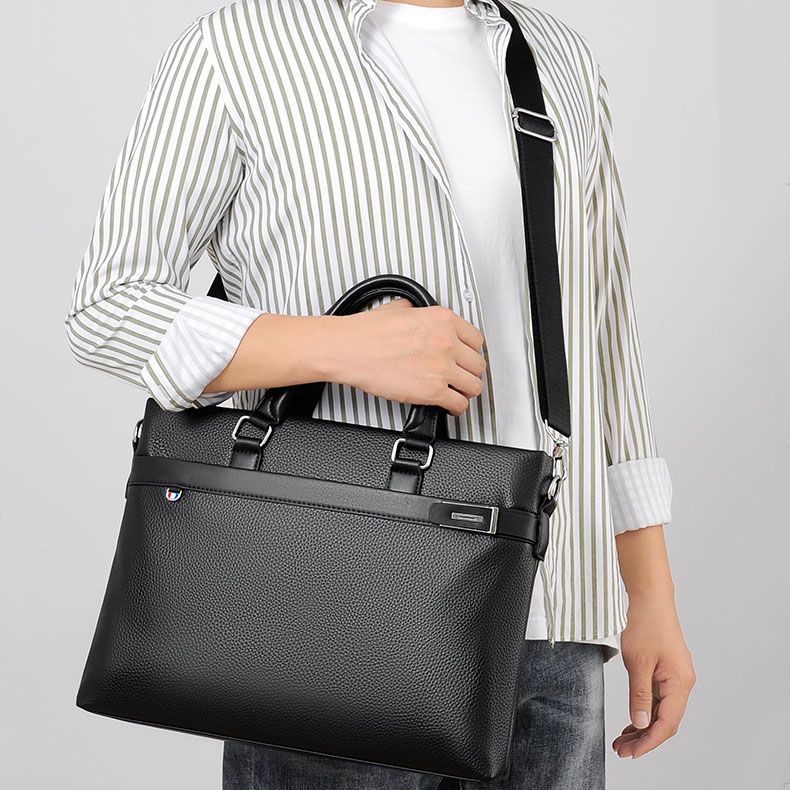 Black Men's PU Leather Briefcase - Waterproof Laptop Messenger Bag with Adjustable Strap - Large Capacity Business Office Bag for Work and Travel