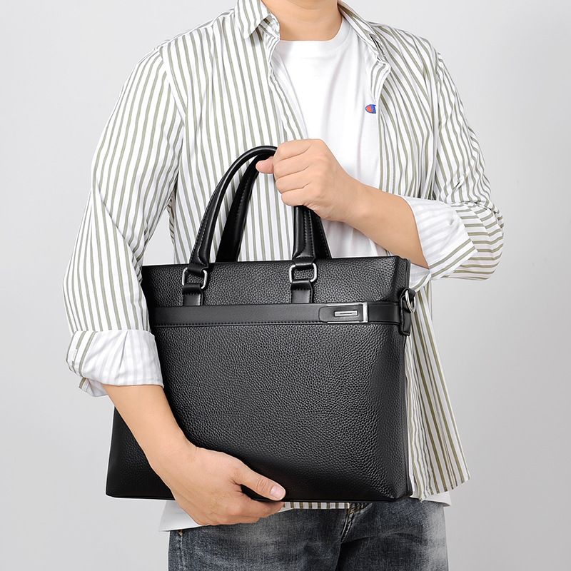 Black Men's PU Leather Briefcase - Waterproof Laptop Messenger Bag with Adjustable Strap - Large Capacity Business Office Bag for Work and Travel