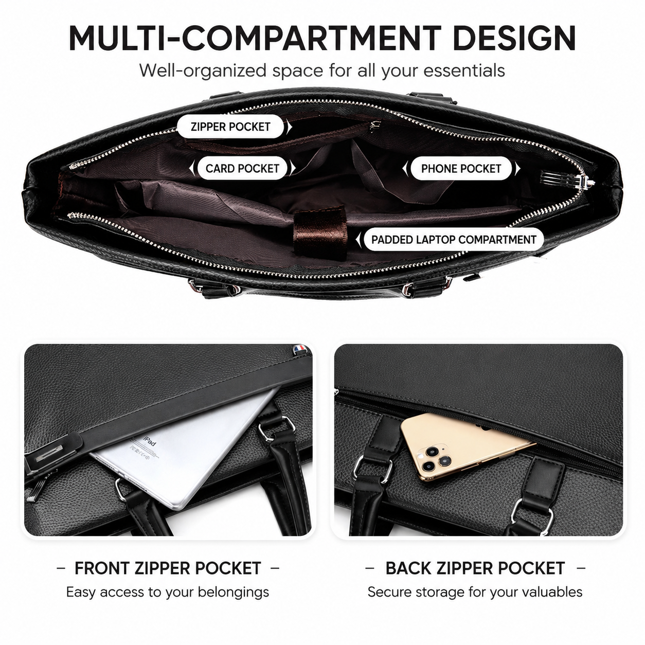 Black Men's PU Leather Briefcase - Waterproof Laptop Messenger Bag with Adjustable Strap - Large Capacity Business Office Bag for Work and Travel