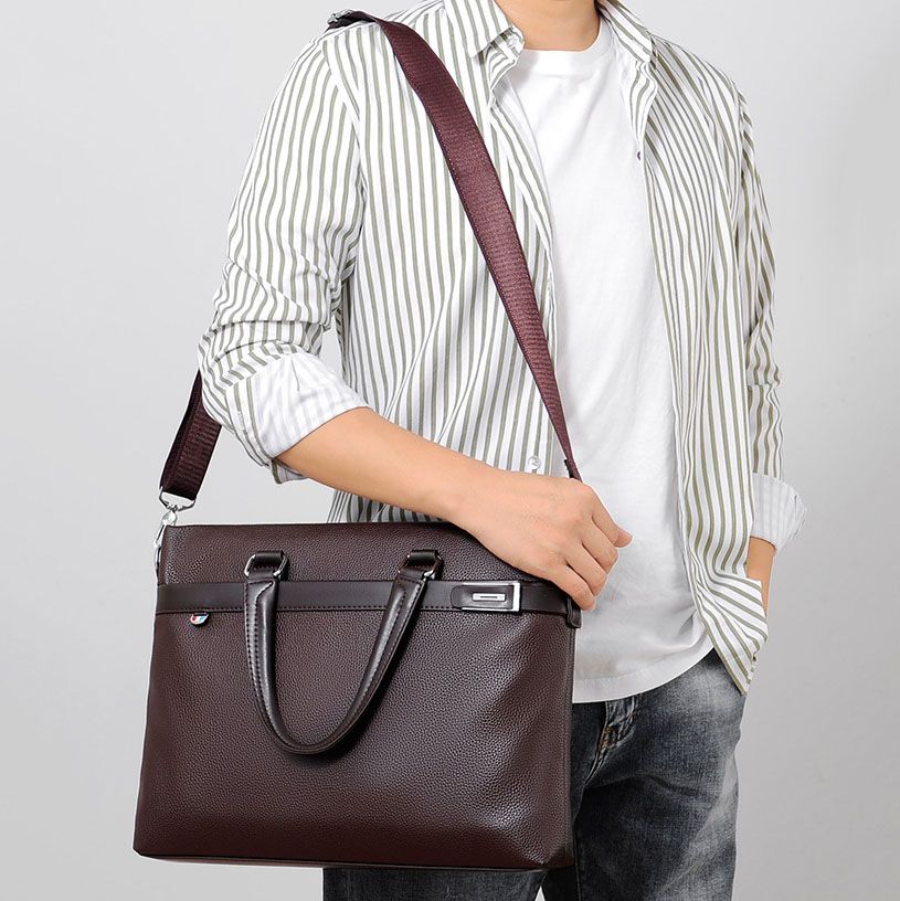 Brown Men's PU Leather Briefcase - Waterproof Laptop Messenger Bag with Adjustable Strap - Large Capacity Business Office Bag for Work and Travel