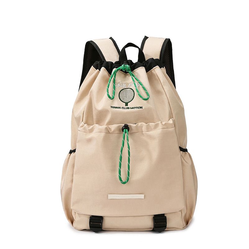 Khaki Sports Drawstring Backpack - Large Capacity Badminton, Yoga Mat and Gym Bag with Racket Holder for Fitness, Outdoor Training, Travel and Daily Use