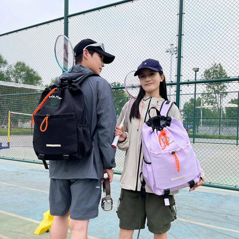 Khaki Sports Drawstring Backpack - Large Capacity Badminton, Yoga Mat and Gym Bag with Racket Holder for Fitness, Outdoor Training, Travel and Daily Use