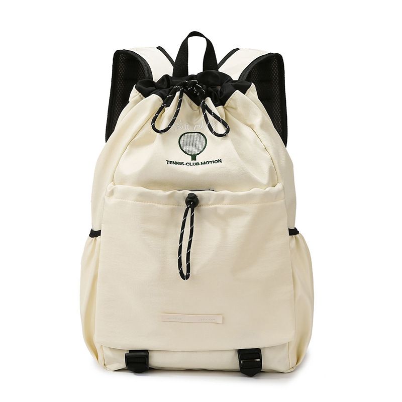 Beige Sports Drawstring Backpack - Large Capacity Badminton, Yoga Mat and Gym Bag with Racket Holder for Fitness, Outdoor Training, Travel and Daily Use