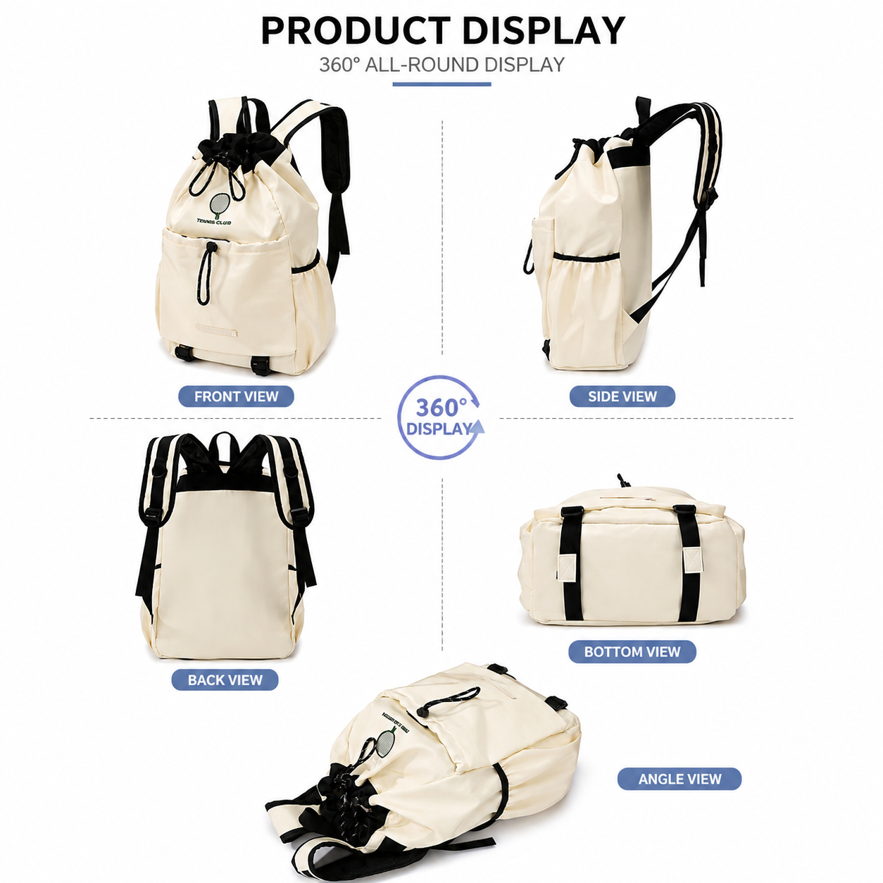 Beige Sports Drawstring Backpack - Large Capacity Badminton, Yoga Mat and Gym Bag with Racket Holder for Fitness, Outdoor Training, Travel and Daily Use