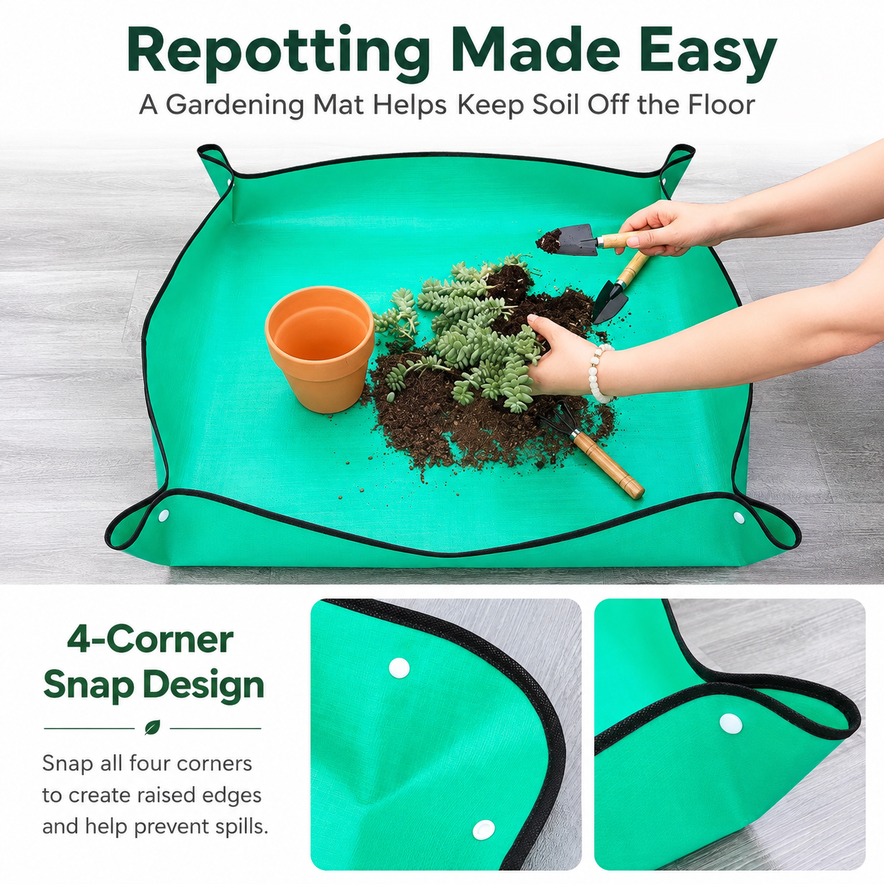 Green Waterproof Garden Repotting Mat - 100 x 150 cm Foldable Potting and Transplanting Work Mat with Snap Corners for Indoor Plants, Soil Mixing and Easy Clean-Up