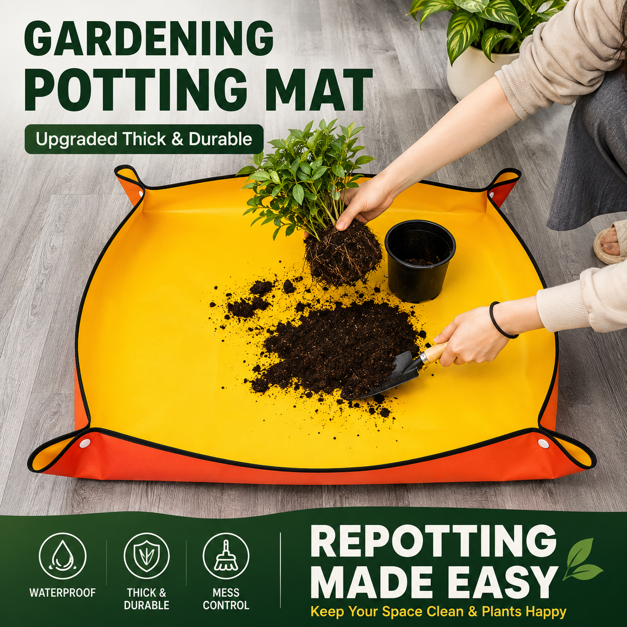Yellow Waterproof Garden Repotting Mat - 100 x 100 cm Foldable Potting and Transplanting Work Mat with Snap Corners for Indoor Plants, Soil Mixing and Easy Clean-Up