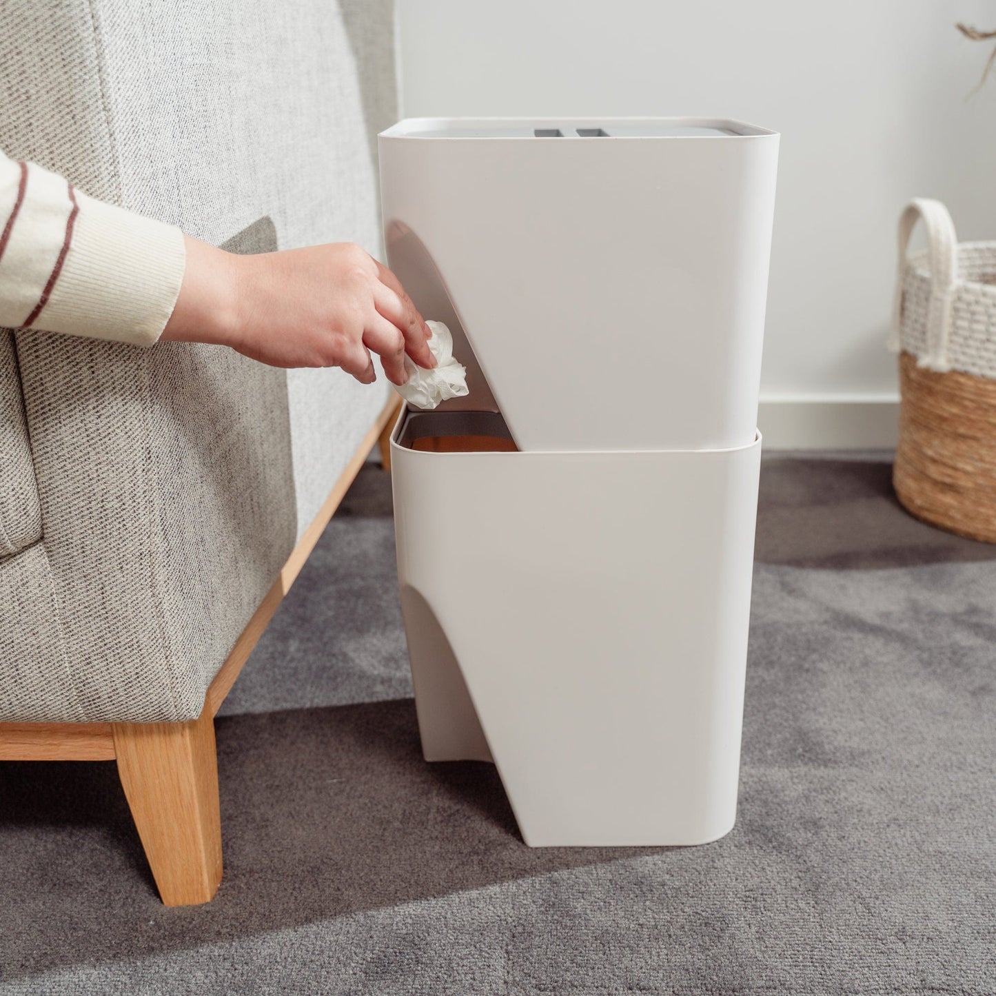2 Pcs 12L+18L Stackable Plastic Kitchen Trash Bin Household Classification Storage Box