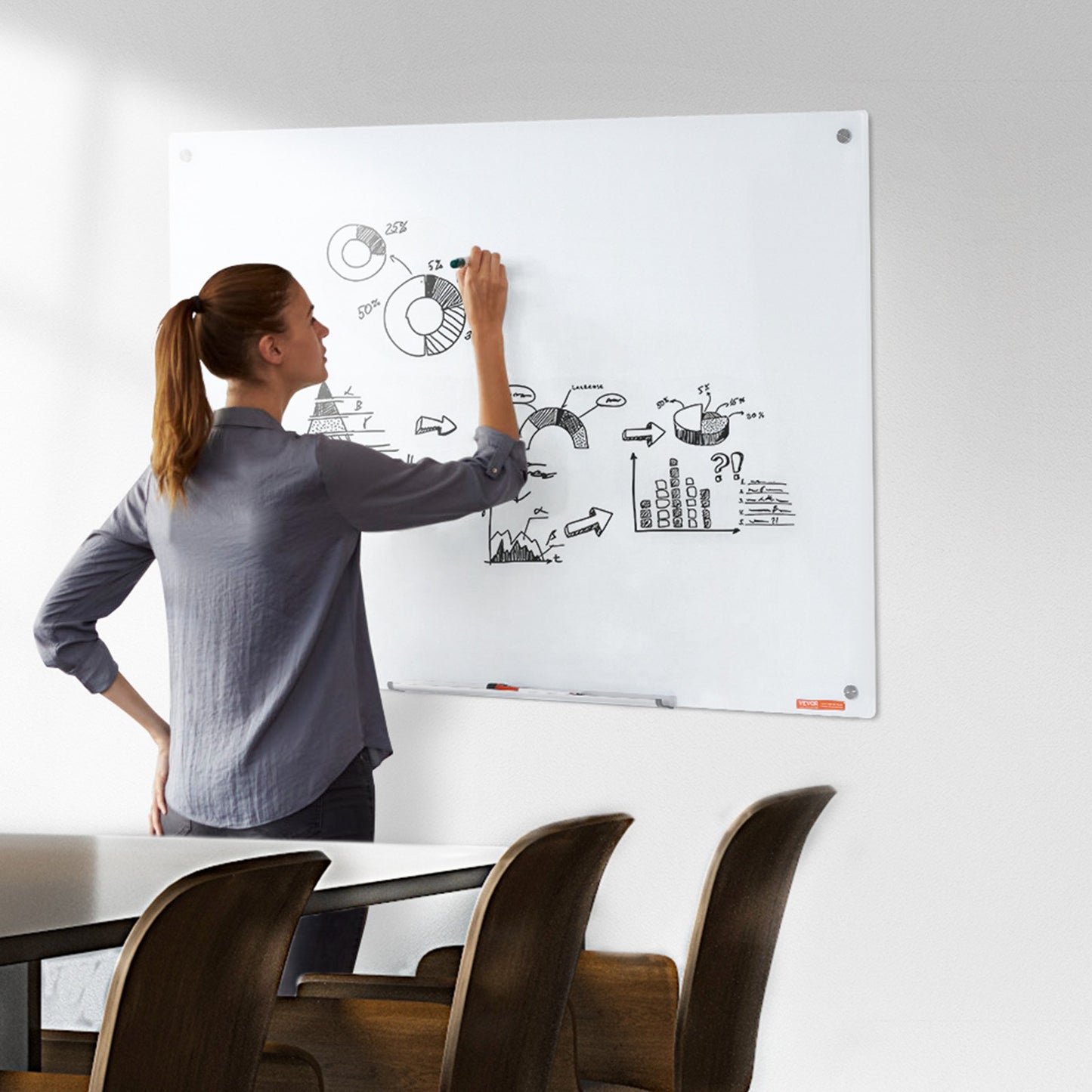 Magnetic Glass Whiteboard, Dry Erase Board 48"x32", Wall-Mounted Large White Glassboard Frameless, with Marker Tray, an Eraser and 2 Markers, White
