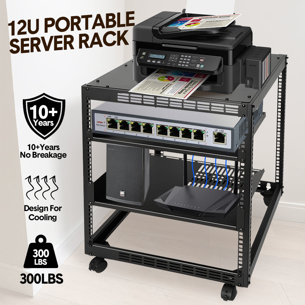 Alston 12U Open Frame Server Rack Hifi Device Rack with Vented Shelves Heavy Duty 4-Post AV/IT Network Rack Free Standing with Lockable Casters