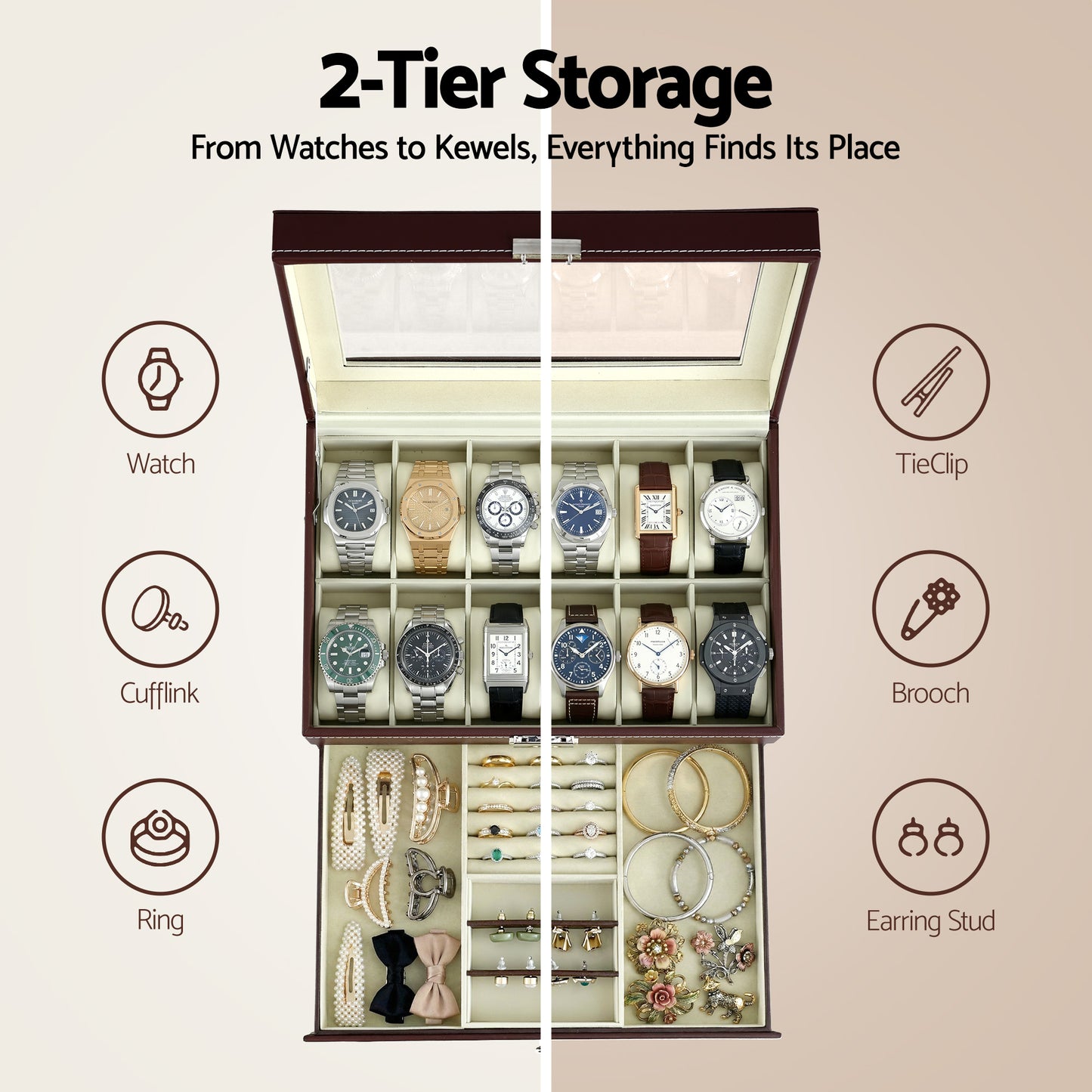 Embellir 12 Grids Watch Box Organizer Case Jewelry Display Storage Showcase